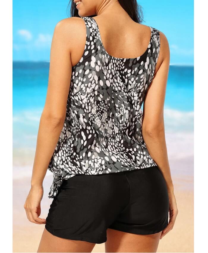 Printed Round Neck Top and Black Shorts Swimwear